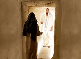 A resurrected Jesus Christ approaches Mary